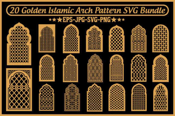 20 Golden Islamic Arch Pattern Bundle – Premium Graphics for Elegant Branding