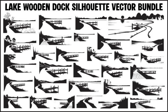 Lake Wooden Dock Silhouette Vector Graphics for Illustrations